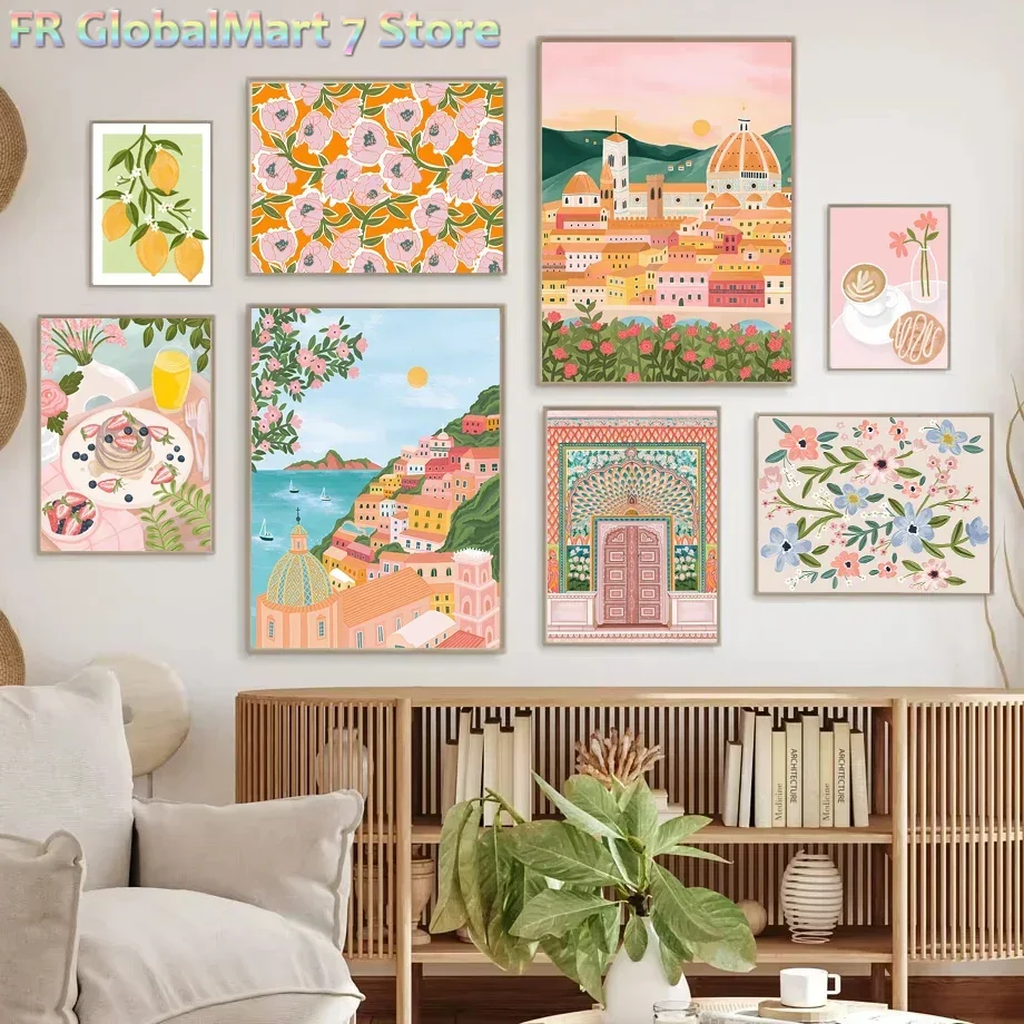 Resin Art Wallpaper - ダイヤモンドペイント1点：サントリーニ島のレモン、コーヒー、花、抽象的な風景をモチーフにしたポスターとプリント、壁掛けアート、ダイヤモンドペイントの絵画。