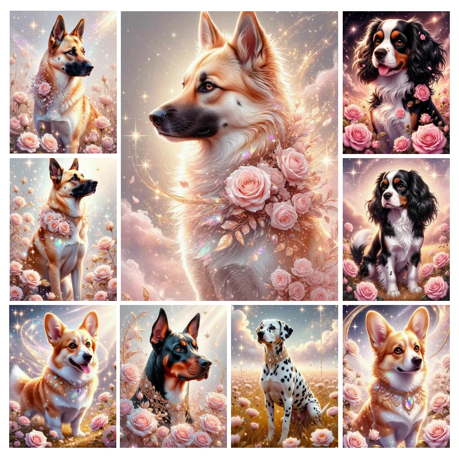 Resin Art Rose - かわいい犬と花のダイヤモンドペイント、2026年新コレクション。ペット、動物、バラをモチーフにしたDIY手芸、フルモザイク刺繍画。サイズは[サイズをここに記載]。