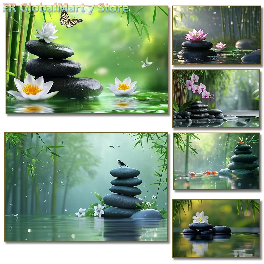 1枚入り、フレームなしのダイヤモンドペイント「禅の石と白蓮の - Resin Art Wallpaper のレビューと価格