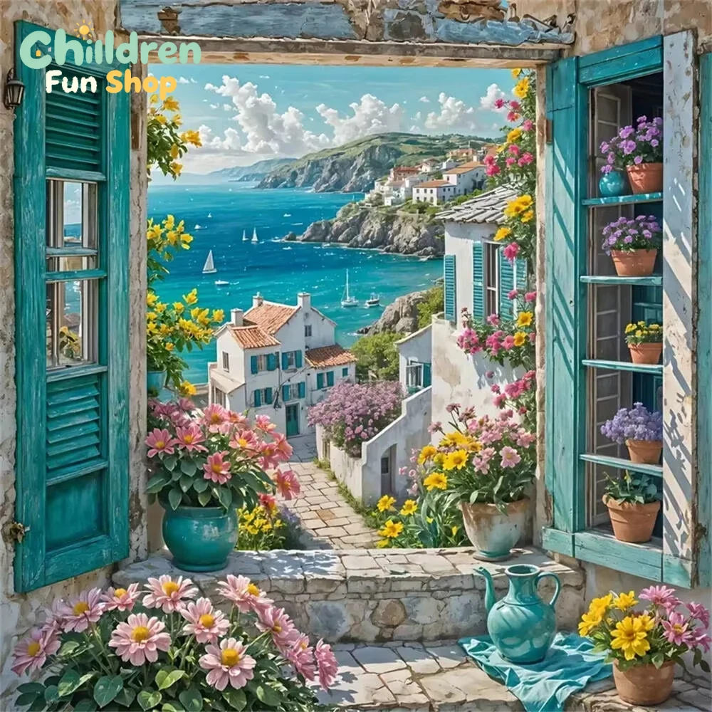 DIYブルーの窓辺に咲く花々、海岸の村、海の景色を描いたダイ - Resin Art Wallpaper のレビューと価格