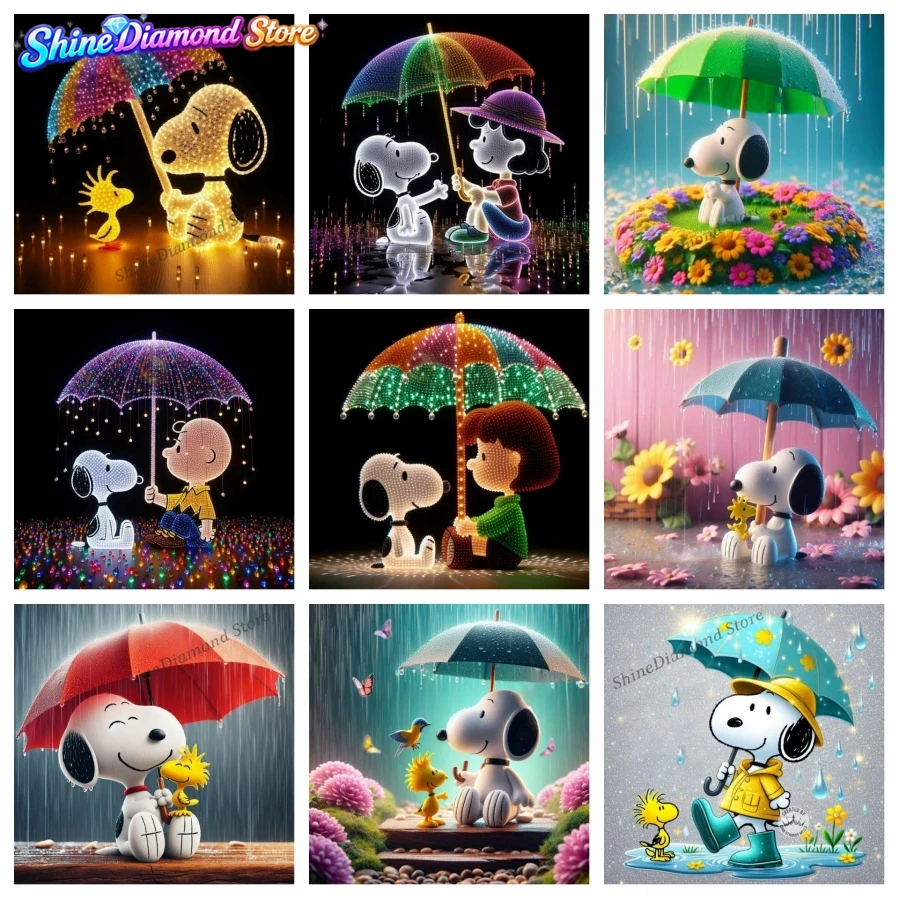 雨の日のスヌーピー、ウッドストック、漫画風のフルドリルダイヤ - Resin Art Wallpaper のレビューと価格
